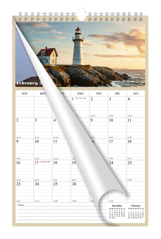 2025 Wall Calendar Spiral-bound Twin-Wire Binding - 12 Months Planner - Large Ruled Blocks with Julian Dates - (Lighthouses)