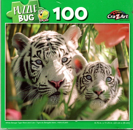 White Bengal Tiger Mom and Cub - 100 Piece Jigsaw Puzzle