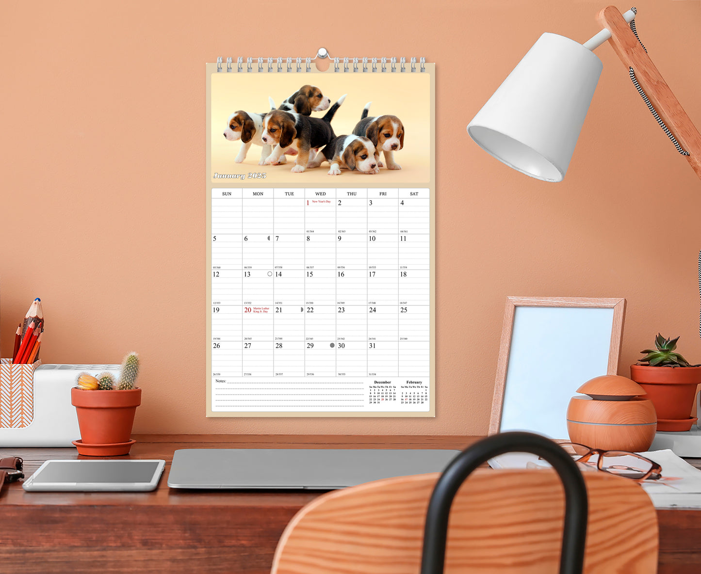 2025 Wall Calendar Spiral-bound Twin-Wire Binding - 12 Months Planner - Large Ruled Blocks with Julian Dates - (Dogs)