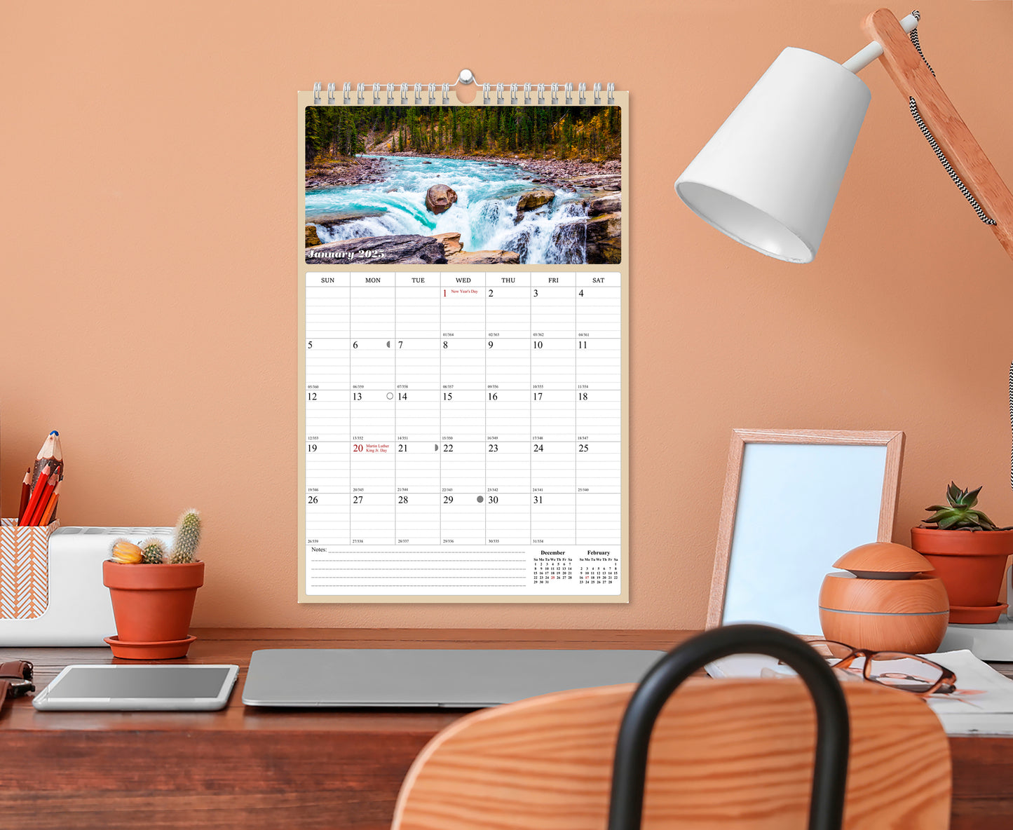 2025 Wall Calendar Spiral-bound Twin-Wire Binding - 12 Months Planner - Large Ruled Blocks with Julian Dates - (The Great Outdoors)