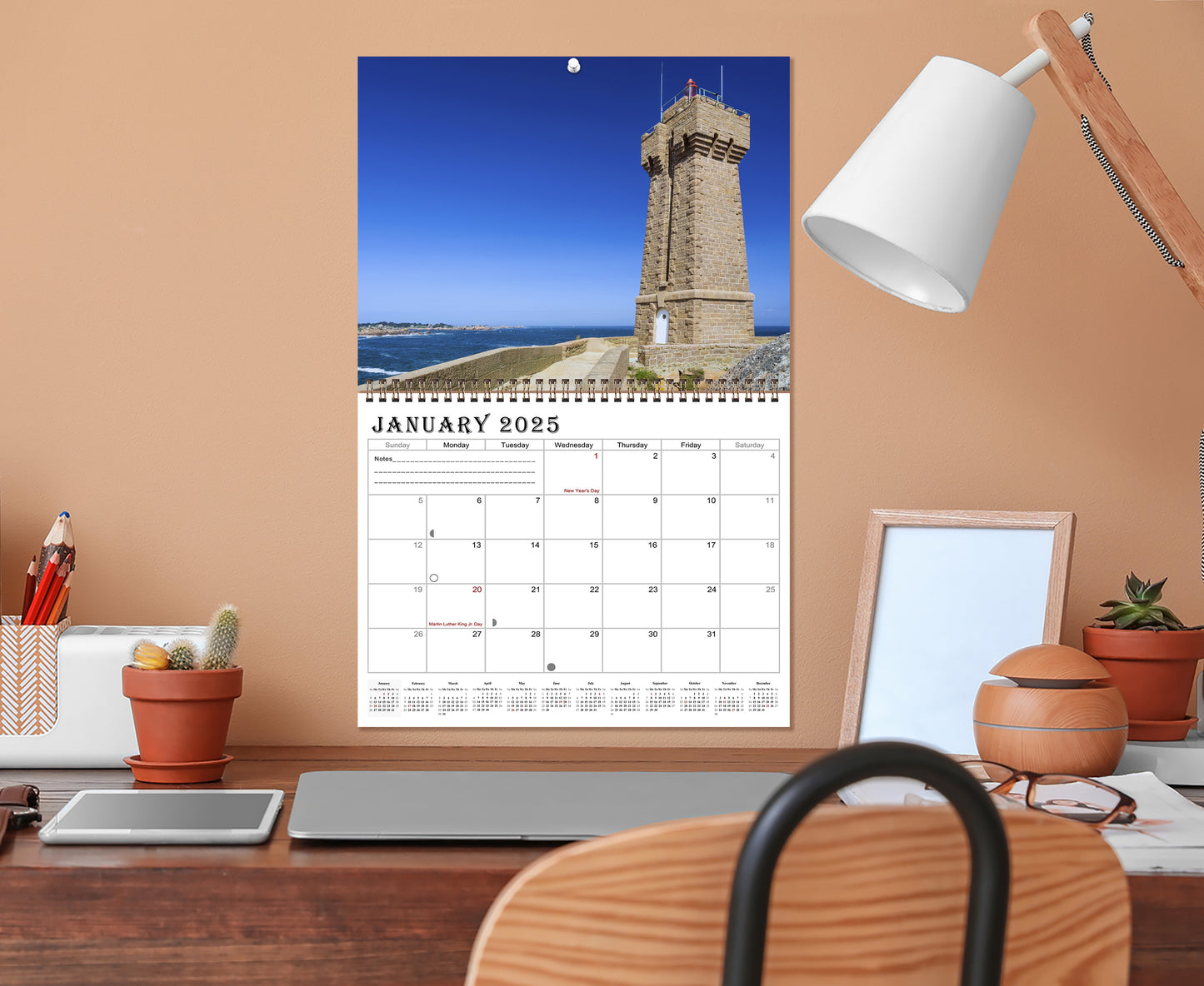 2025 Spiral-bound Wall Calendar (Lighthouses) - 12 Months Desktop/Wall Calendar/Planner