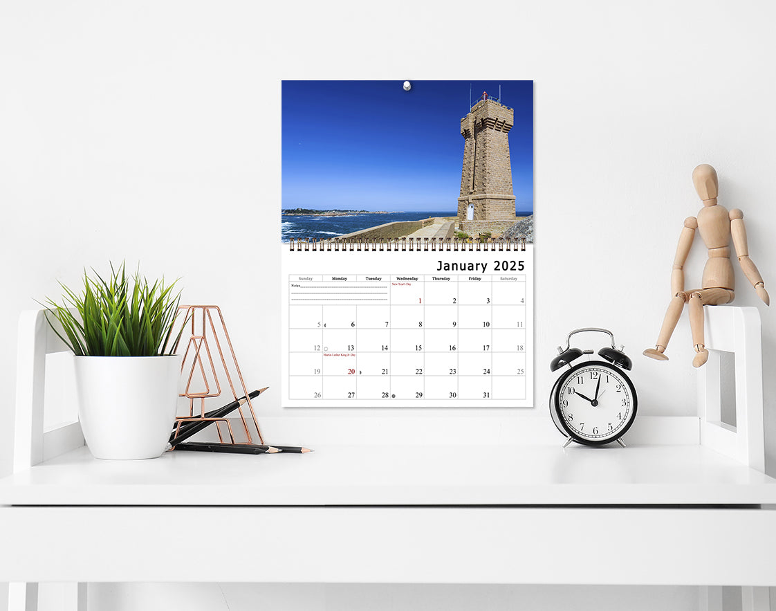 2025 Spiral-bound Wall Calendar (Lighthouses) - 12 Months Desktop/Wall Calendar/Planner