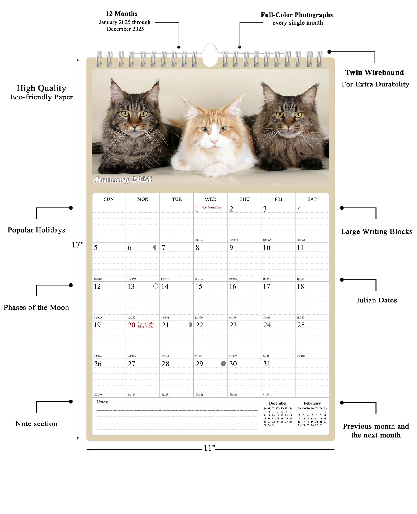 2025 Wall Calendar Spiral-bound Twin-Wire Binding - 12 Months Planner - Large Ruled Blocks with Julian Dates - (Cats)