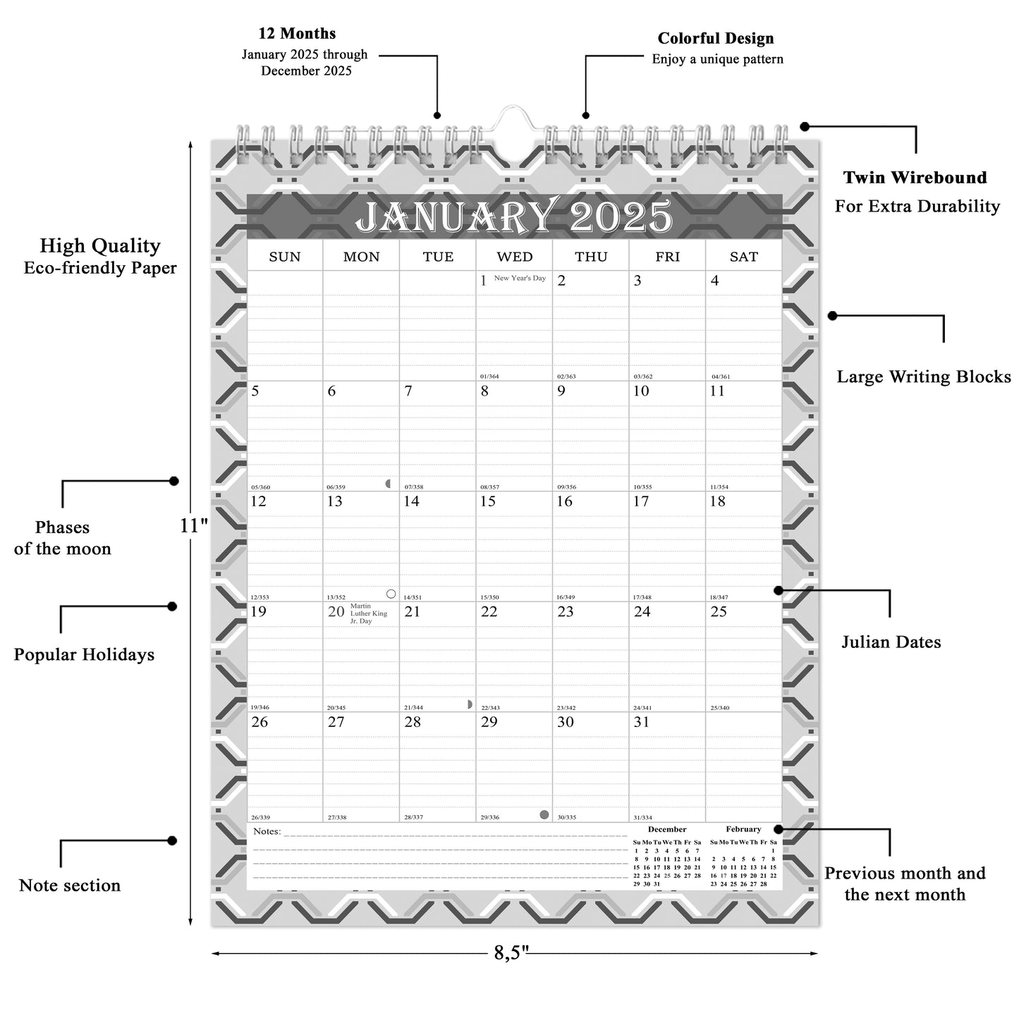 2025 Wall Calendar Spiral-Bound Twin-Wire Binding - 12 Months 03 B&W