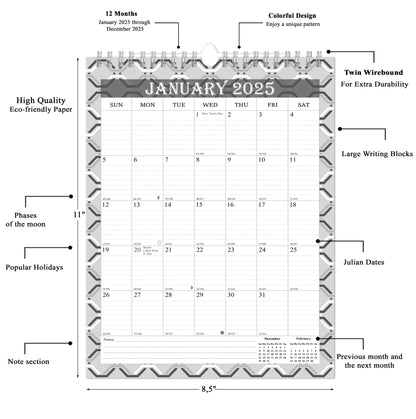 2025 Wall Calendar Spiral-Bound Twin-Wire Binding - 12 Months 03 B&W