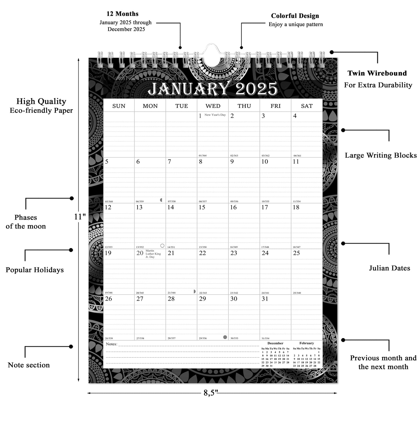 2025 Wall Calendar Spiral-Bound Twin-Wire Binding - 12 Months  09 B&W