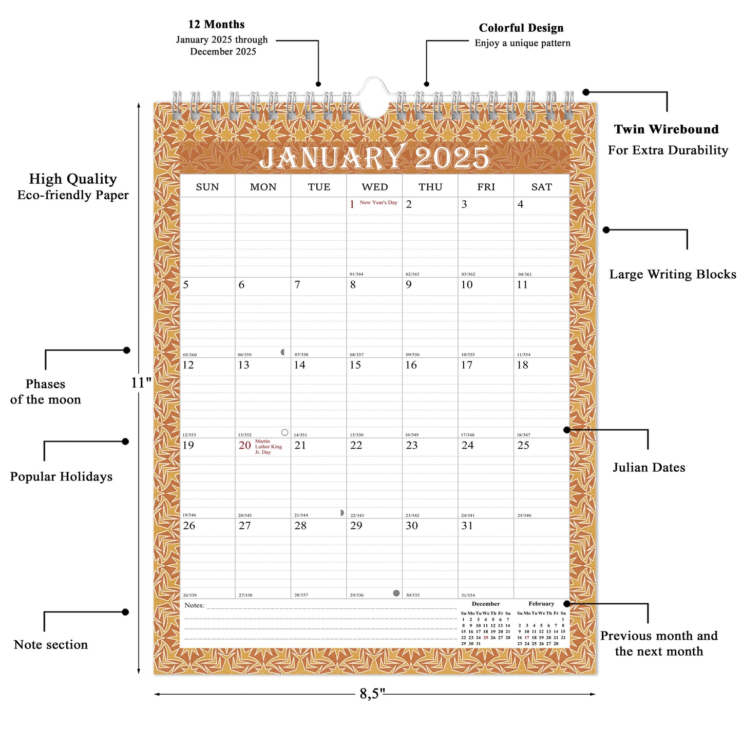 2025 Wall Calendar Spiral-Bound Twin-Wire Binding - 12 Months  02