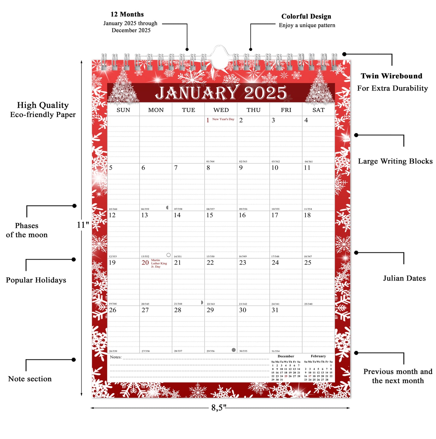 2025 Wall Calendar Spiral-Bound Twin-Wire Binding - 12 Months  12 (Holidays)