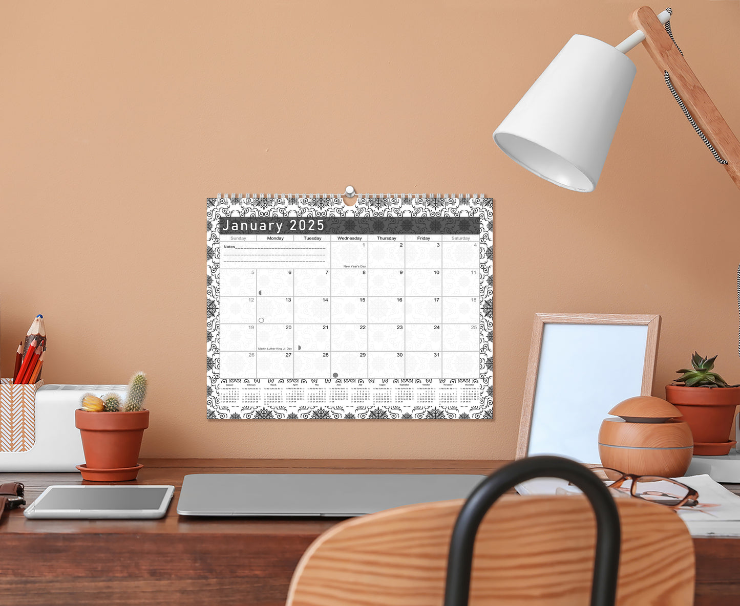 2024-2025 Monthly Spiral-Bound Wall/Desk Calendar - Desktop/Wall Blotter Calendar/Planner - (Edition B&W #014)