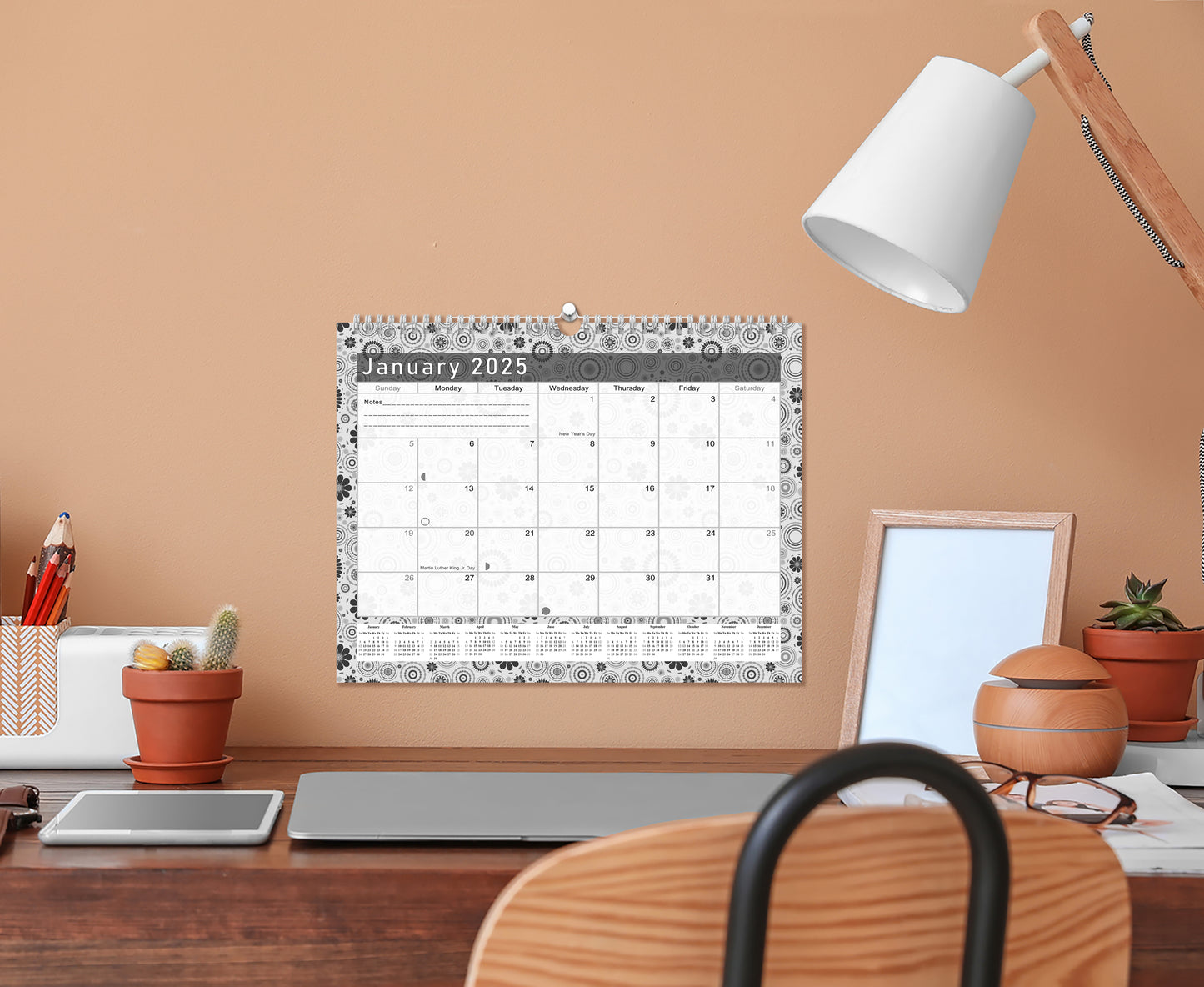 2024-2025 Monthly Spiral-Bound Wall/Desk Calendar - Desktop/Wall Blotter Calendar/Planner - (Edition B&W #020)