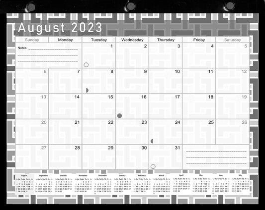 2023-2024 Academic Year 12 Months Student Calendar/Planner in Protective Sleeve for 3-Ring Binder, Desk or Wall - Black&White -v014