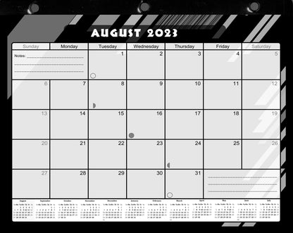 2023-2024 Academic Year 12 Months Student Calendar/Planner in Protective Sleeve for 3-Ring Binder, Desk or Wall - Black&White -v012