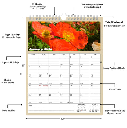 2025 Wall Calendar Spiral-bound Twin-Wire Binding - 12 Months Planner - Large Ruled Blocks with Julian Dates - (Flowers)