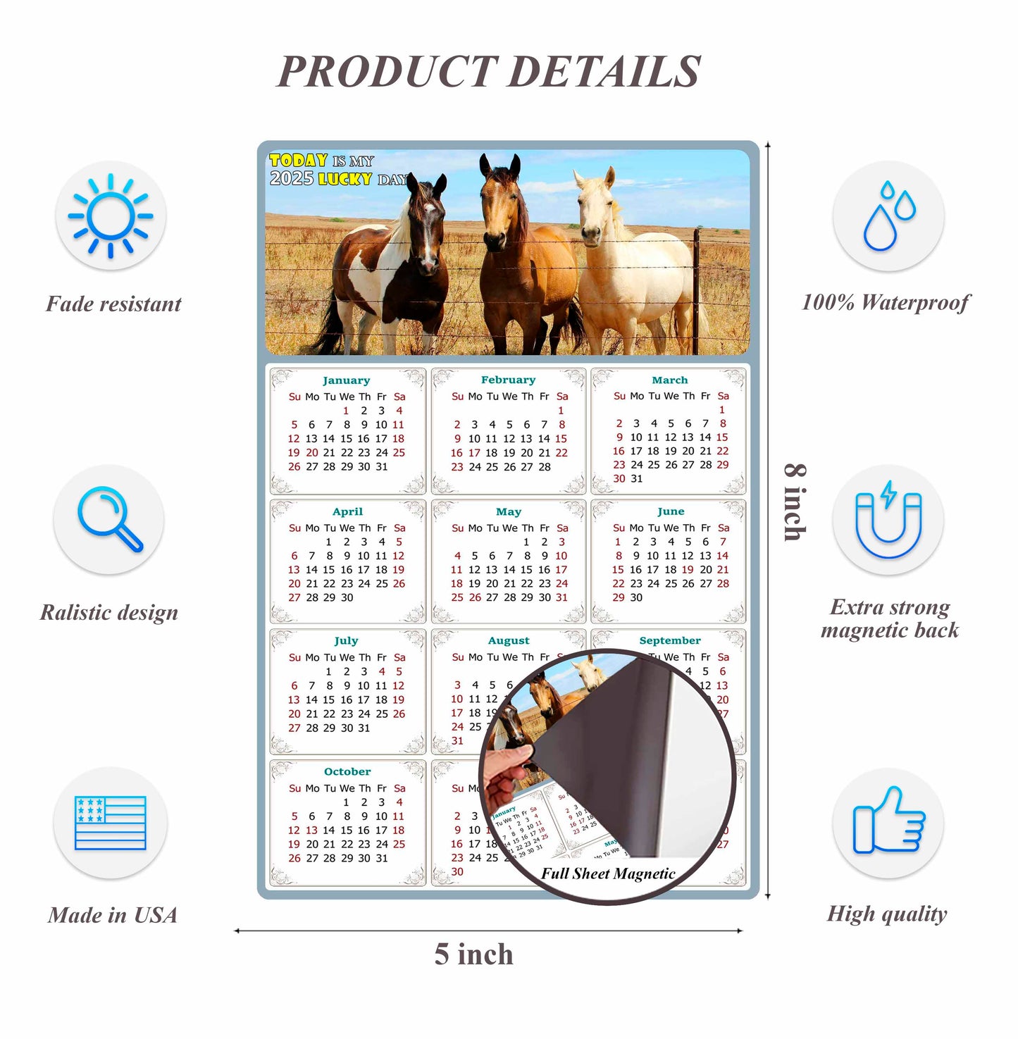 2025 Magnetic Calendar - Calendar Magnets - Today is my Lucky Day - (Fade, Tear, and Water Resistant) - Horses Themed 07