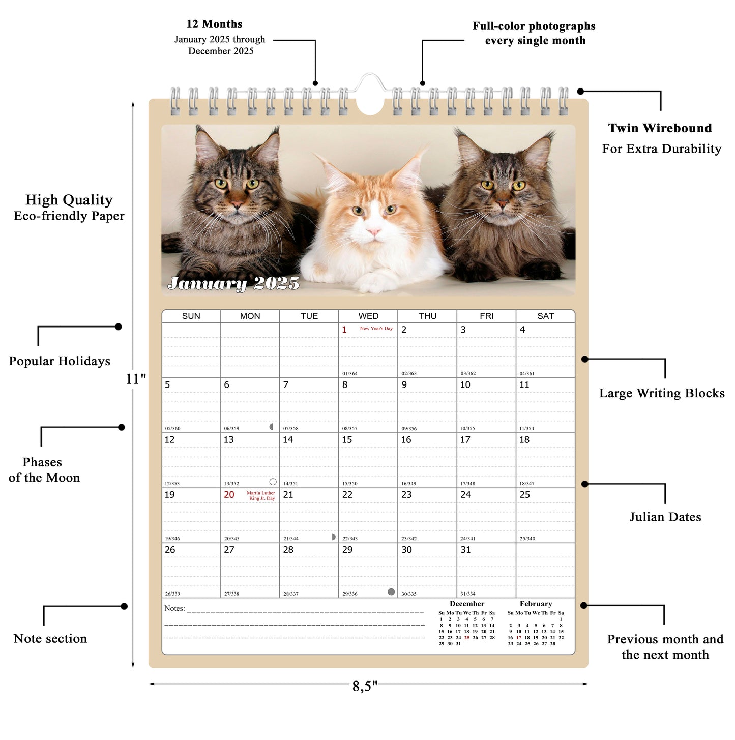 2025 Wall Calendar Spiral-bound Twin-Wire Binding - 12 Months Planner - Large Ruled Blocks with Julian Dates - (Cats)