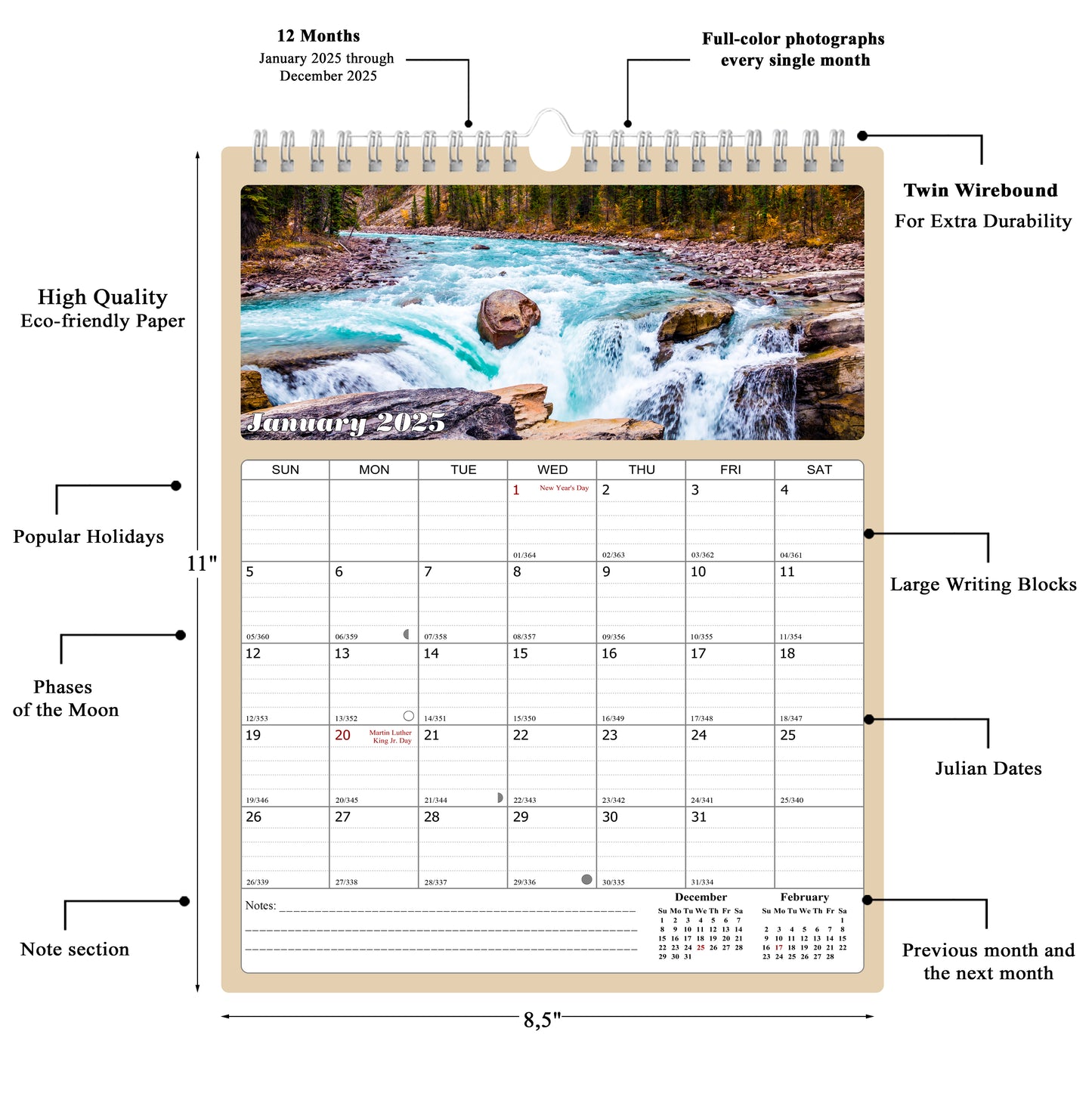 2025 Wall Calendar Spiral-bound Twin-Wire Binding - 12 Months Planner - Large Ruled Blocks with Julian Dates - (The Great Outdoors)