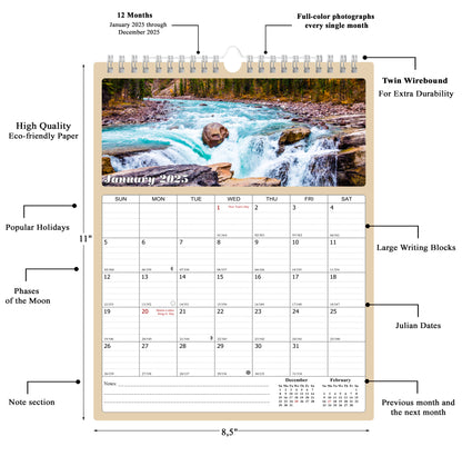 2025 Wall Calendar Spiral-bound Twin-Wire Binding - 12 Months Planner - Large Ruled Blocks with Julian Dates - (The Great Outdoors)