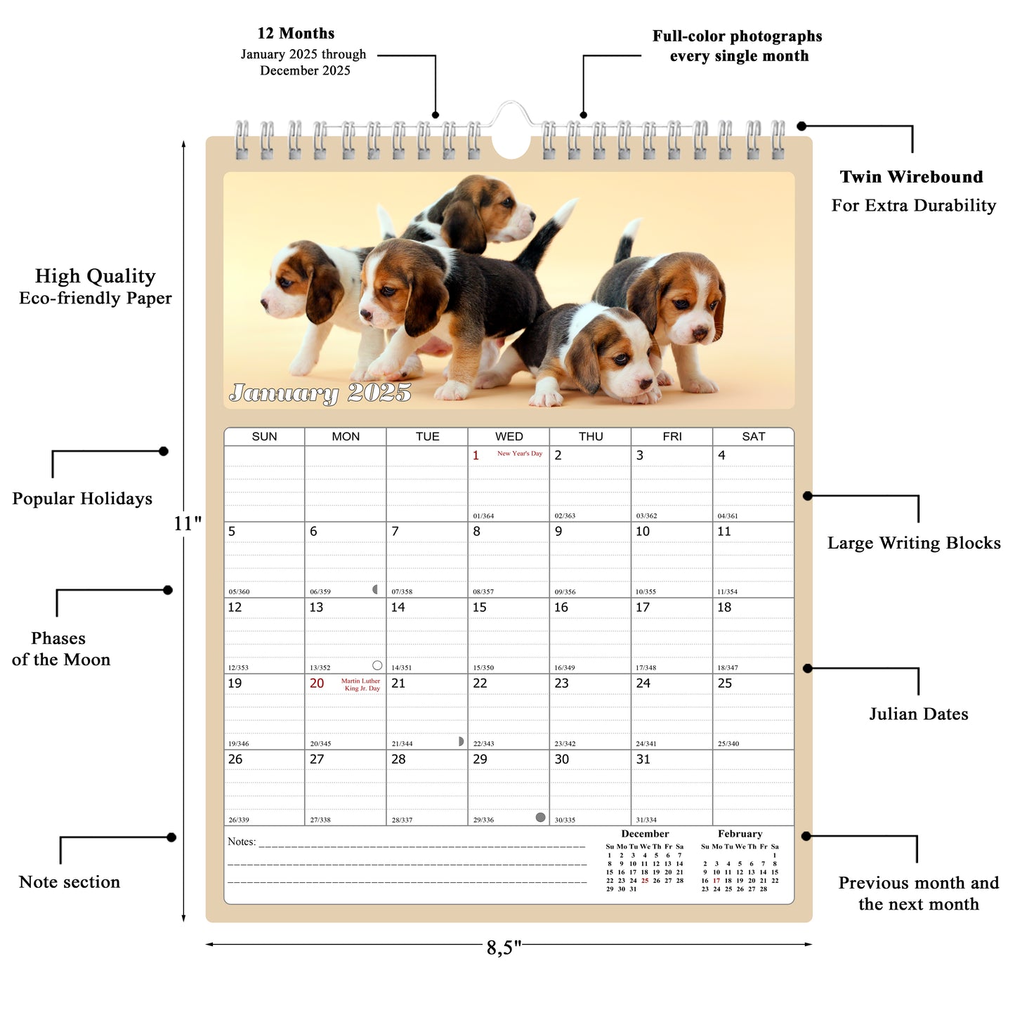 2025 Wall Calendar Spiral-bound Twin-Wire Binding - 12 Months Planner - Large Ruled Blocks with Julian Dates - (Dogs)