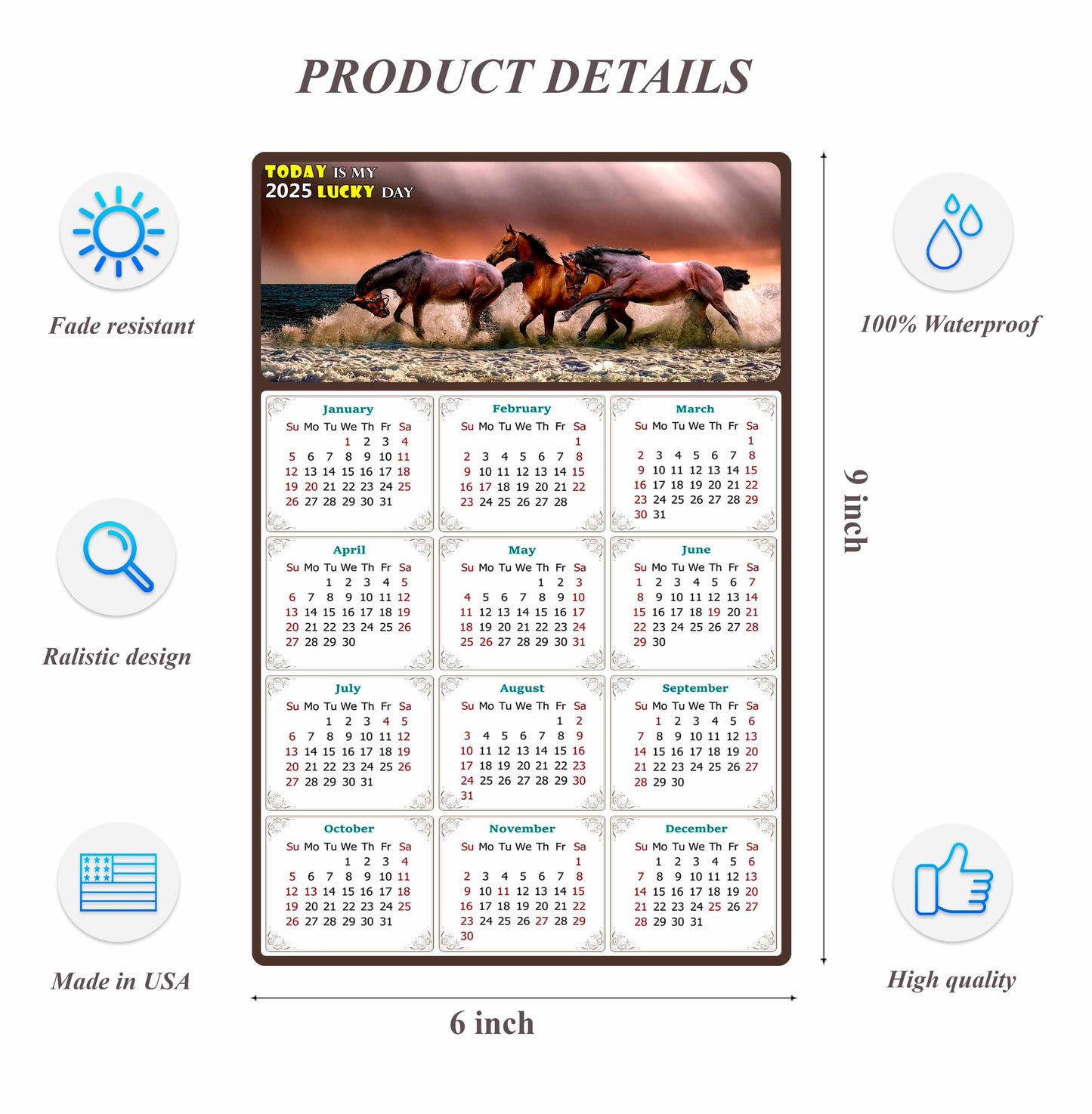 2025 Peel & Stick Calendar - Today is my Lucky Day Removable - Horses 01 (9"x 6")