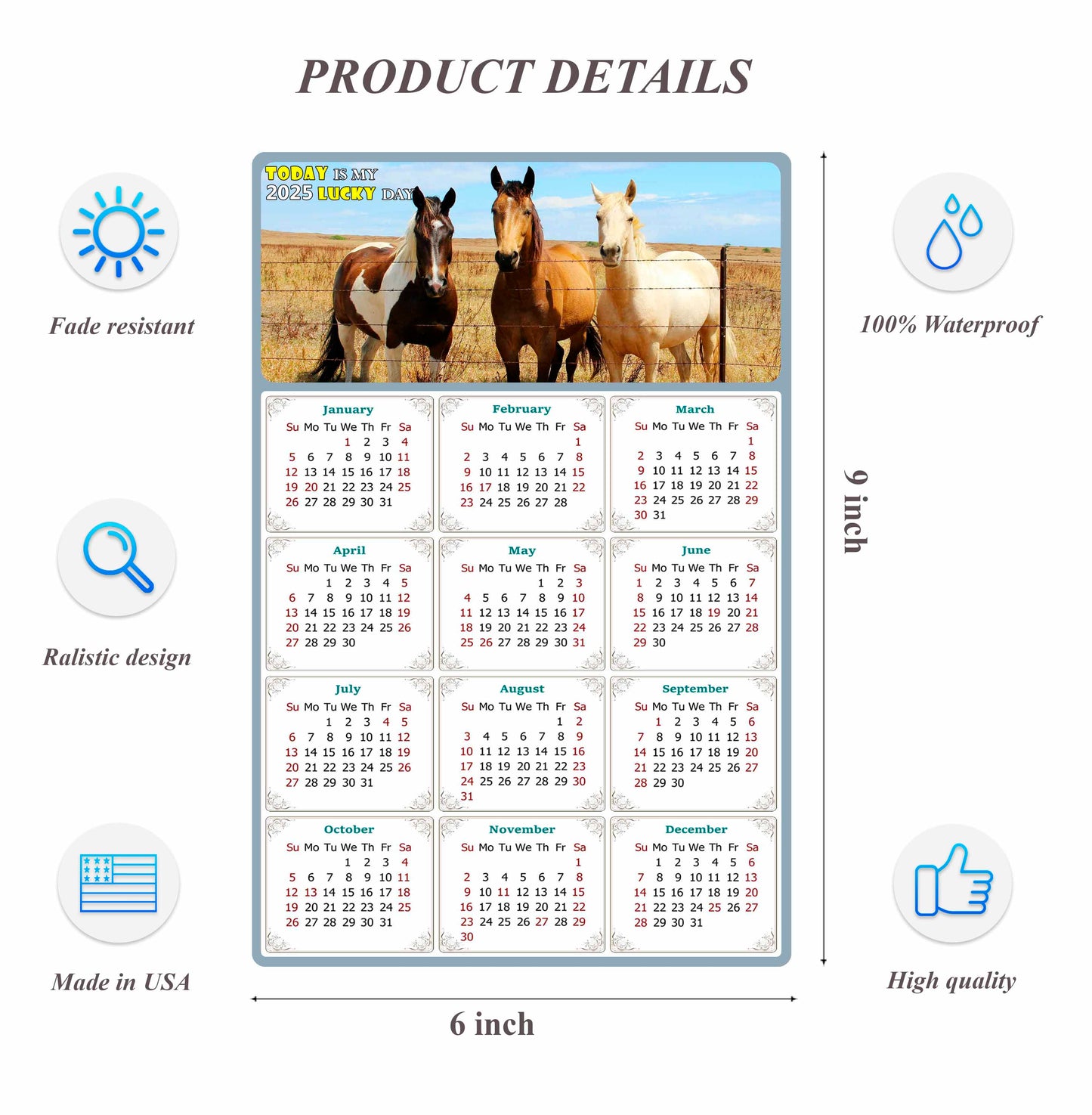 2025 Peel & Stick Calendar - Today is my Lucky Day Removable - Horses 07 (9"x 6")