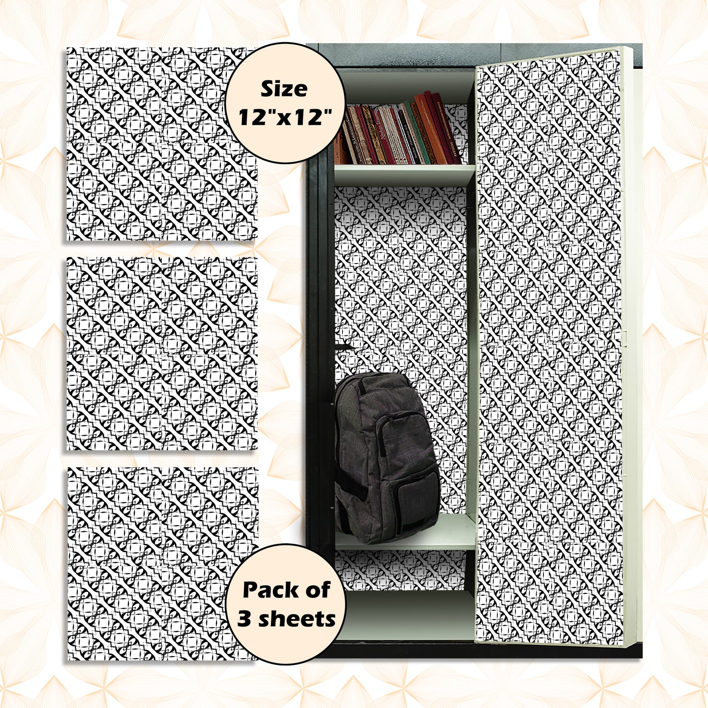 Deluxe School Locker Magnetic Wallpaper Full Cover Standard Half Lockers Pack of 12 Sheets - (Black and White Geometric vr48)