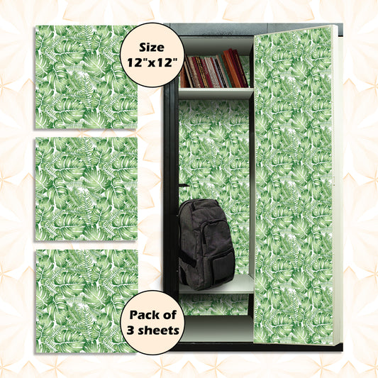 Deluxe School Locker Magnetic Wallpaper (Full sheet Magnetic) - Full Cover Standard Half Lockers - Trimmable, Easy Install, Remove & Reuse - Pack of 12 Sheets - (Green Tropical Leaves vr62)