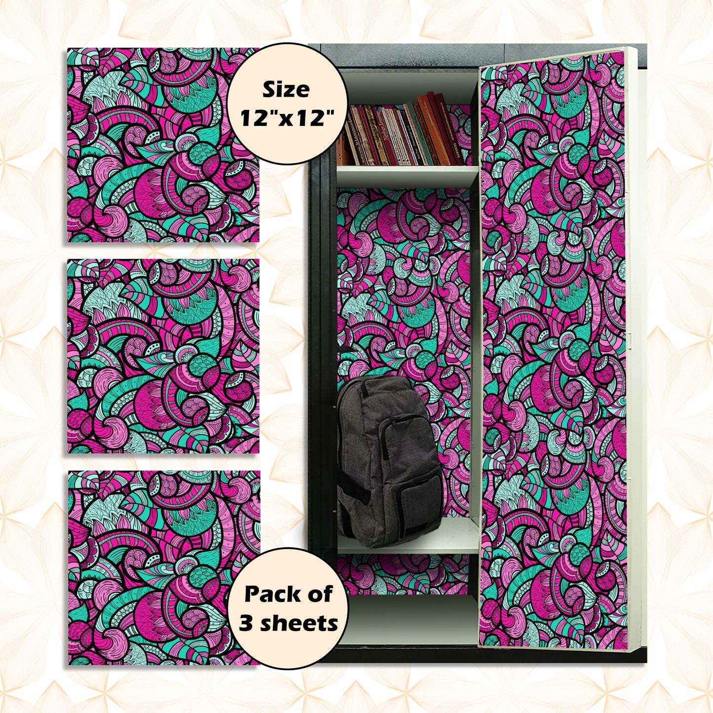 Deluxe School Locker Magnetic Wallpaper (Full sheet Magnetic) - Full Cover Standard Half Lockers - Trimmable, Easy Install, Remove & Reuse - Pack of 12 Sheets - (Bright Floral vr42)