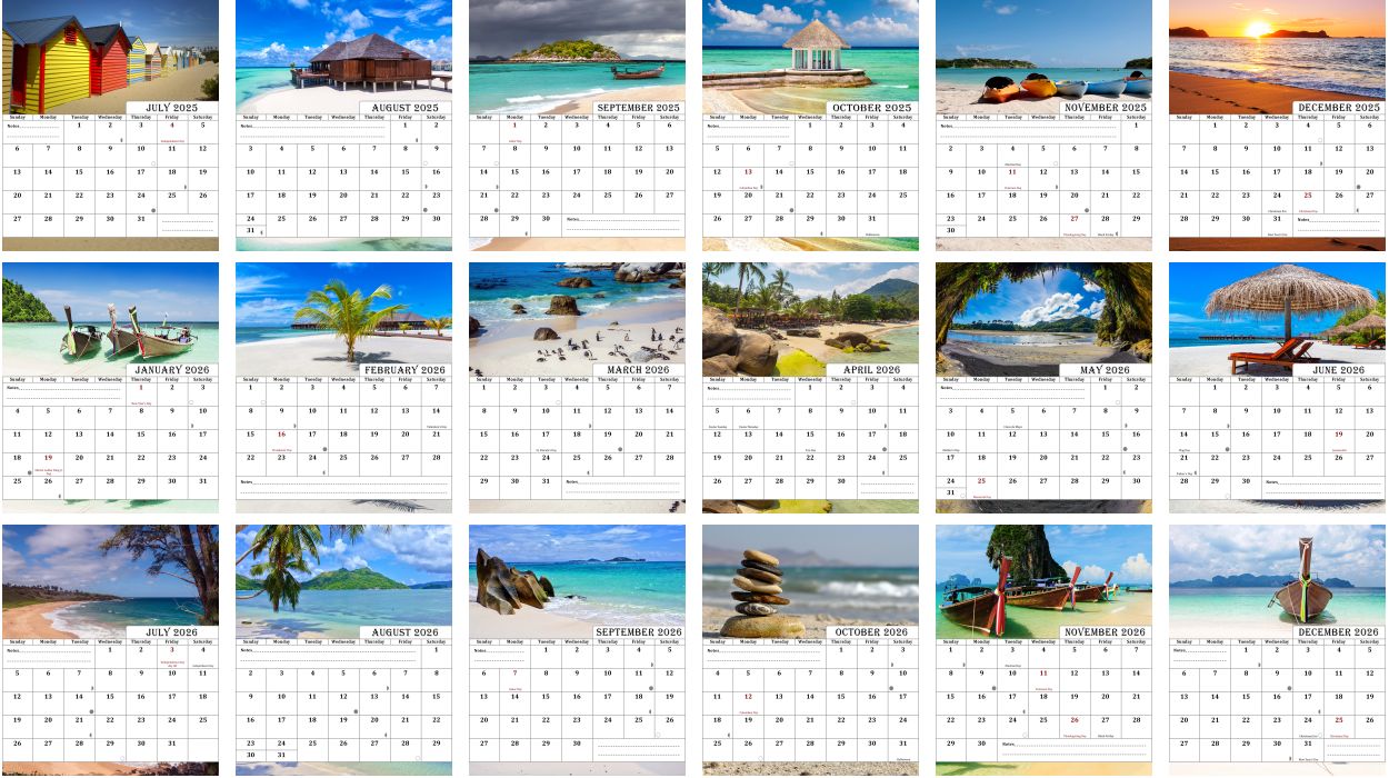 2025-2026 CD-Style Desk Calendar 18 Months Calendar (Beaches)