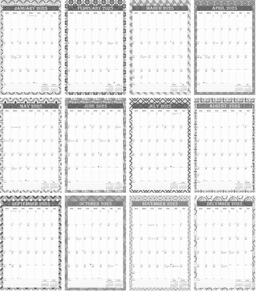 2025 Wall Calendar Spiral-Bound Twin-Wire Binding - 12 Months 03 B&W