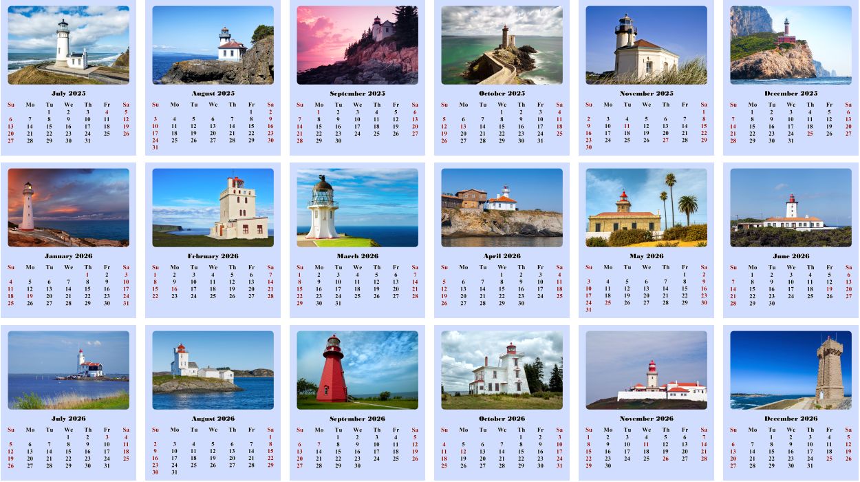 2025-2026 CD-Style Desk Calendar 18 Months Calendar (Lighthouses)