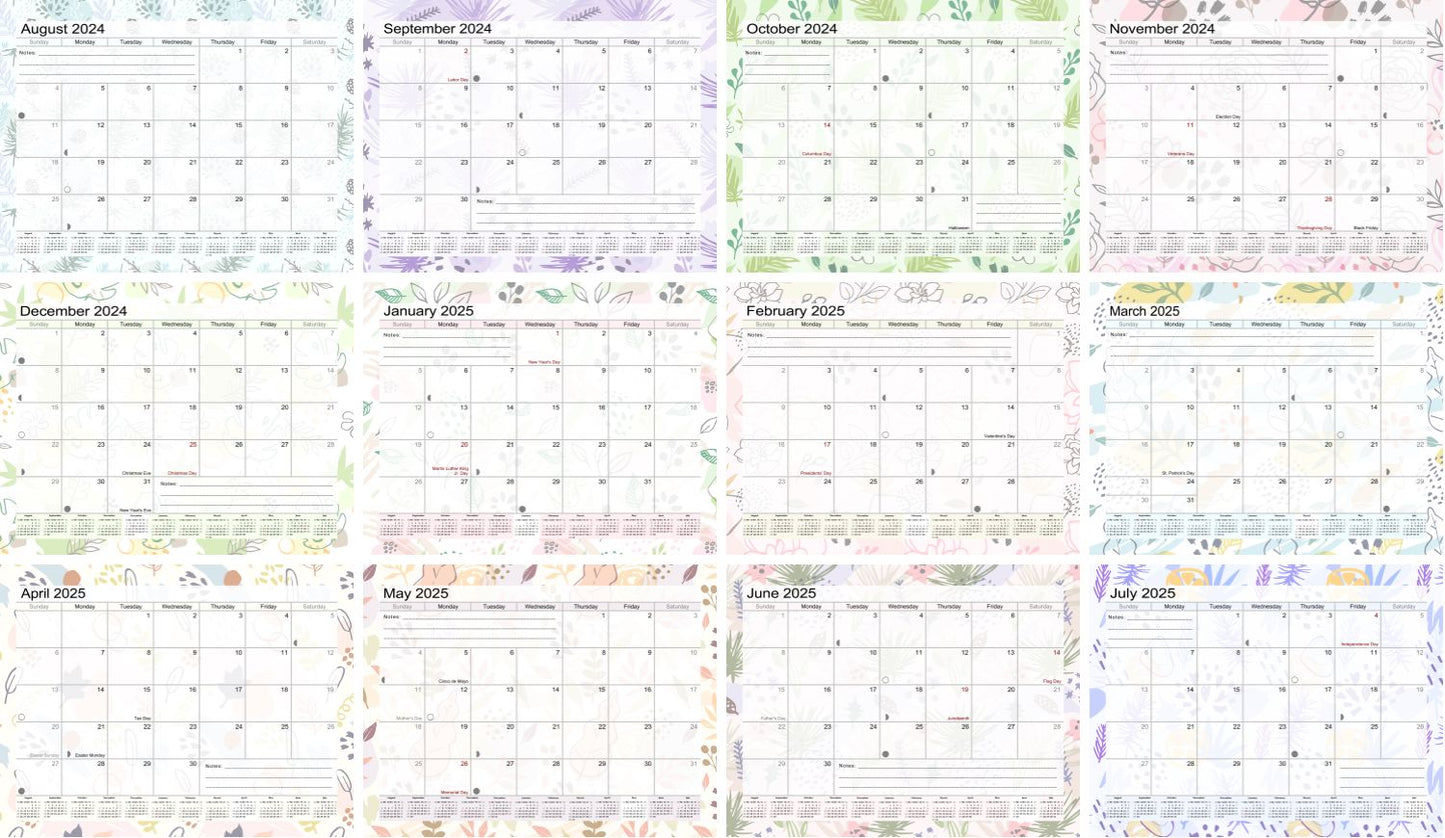 2024-2025 Academic Year 12 Months Student Calendar/Planner for 3-Ring Binder, Desk or Wall (Black & White Damask - Edition v001)