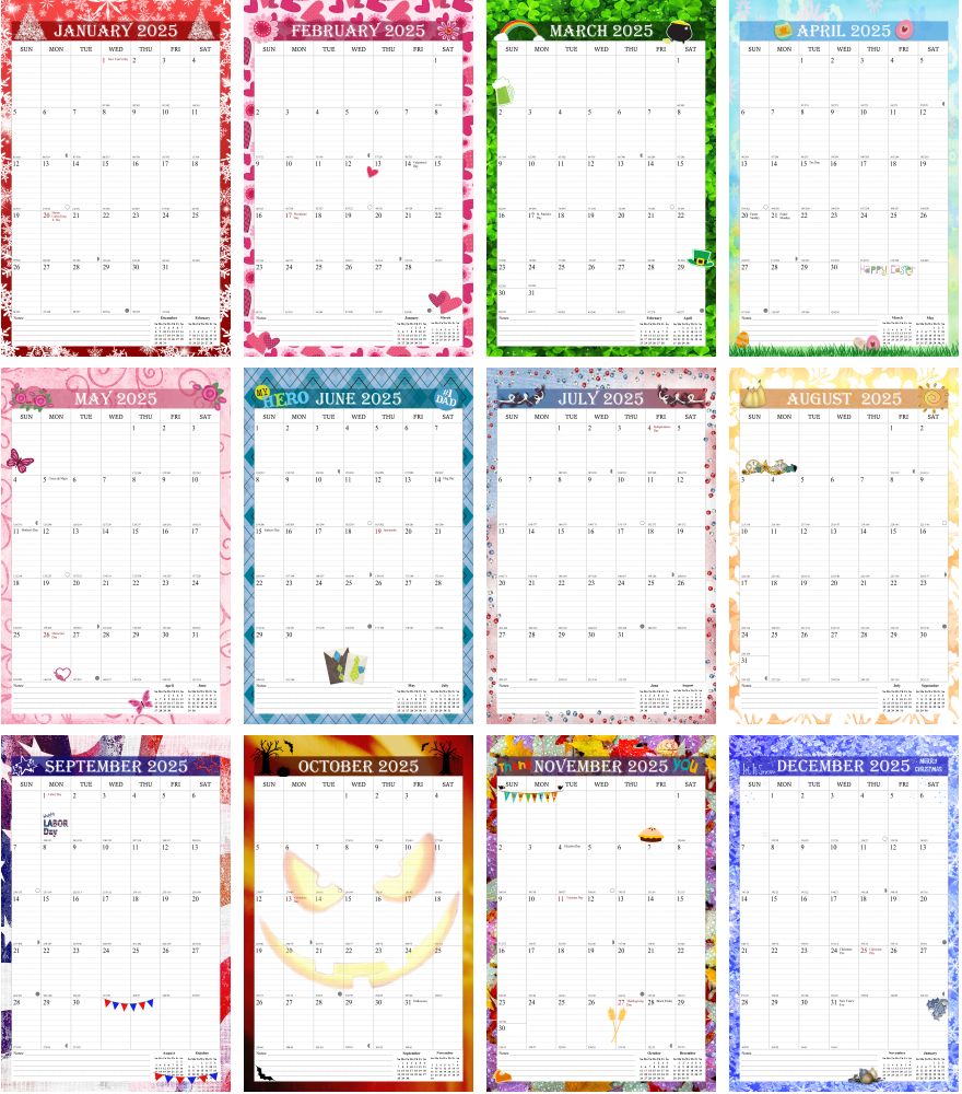 2025 Wall Calendar Spiral-Bound Twin-Wire Binding - 12 Months  12 (Holidays)