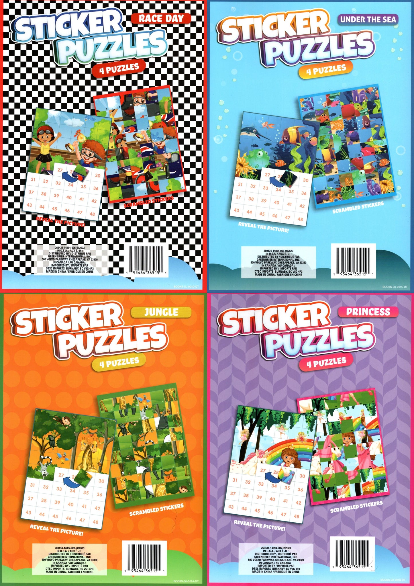 Activity Books for Kids: Sticker Puzzles - Race Day, Under The Sea, Jungle and Princess