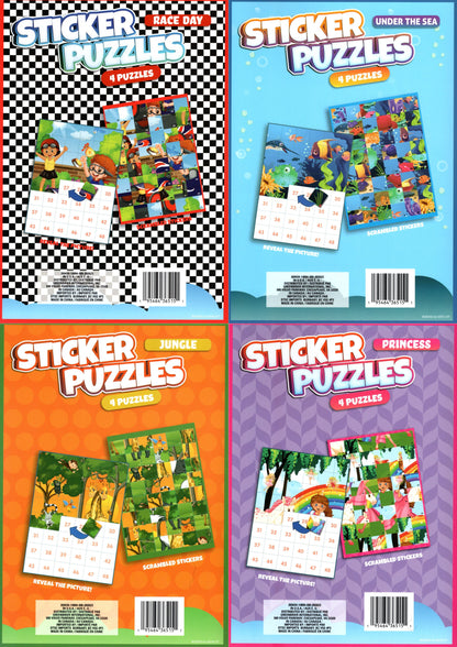 Activity Books for Kids: Sticker Puzzles - Race Day, Under The Sea, Jungle and Princess