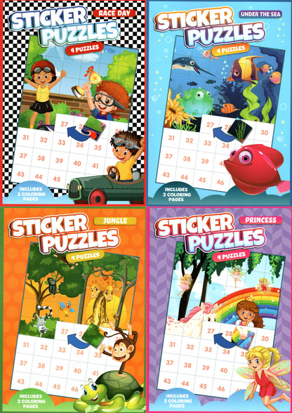 Activity Books for Kids: Sticker Puzzles - Race Day, Under The Sea, Jungle and Princess