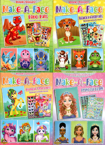 Make-A-Face - Dino Pals, Wacky Animals, Magical Unicorns, and Princess Glam - Sticker Book Set