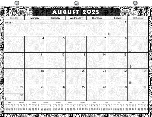 2025 - 2026 Academic Year 12 Months Student Calendar / College Planner for 3-Ring Binder, Desk or Wall -School Supplies - Made in USA - (Black & White Paisley Edition #010)