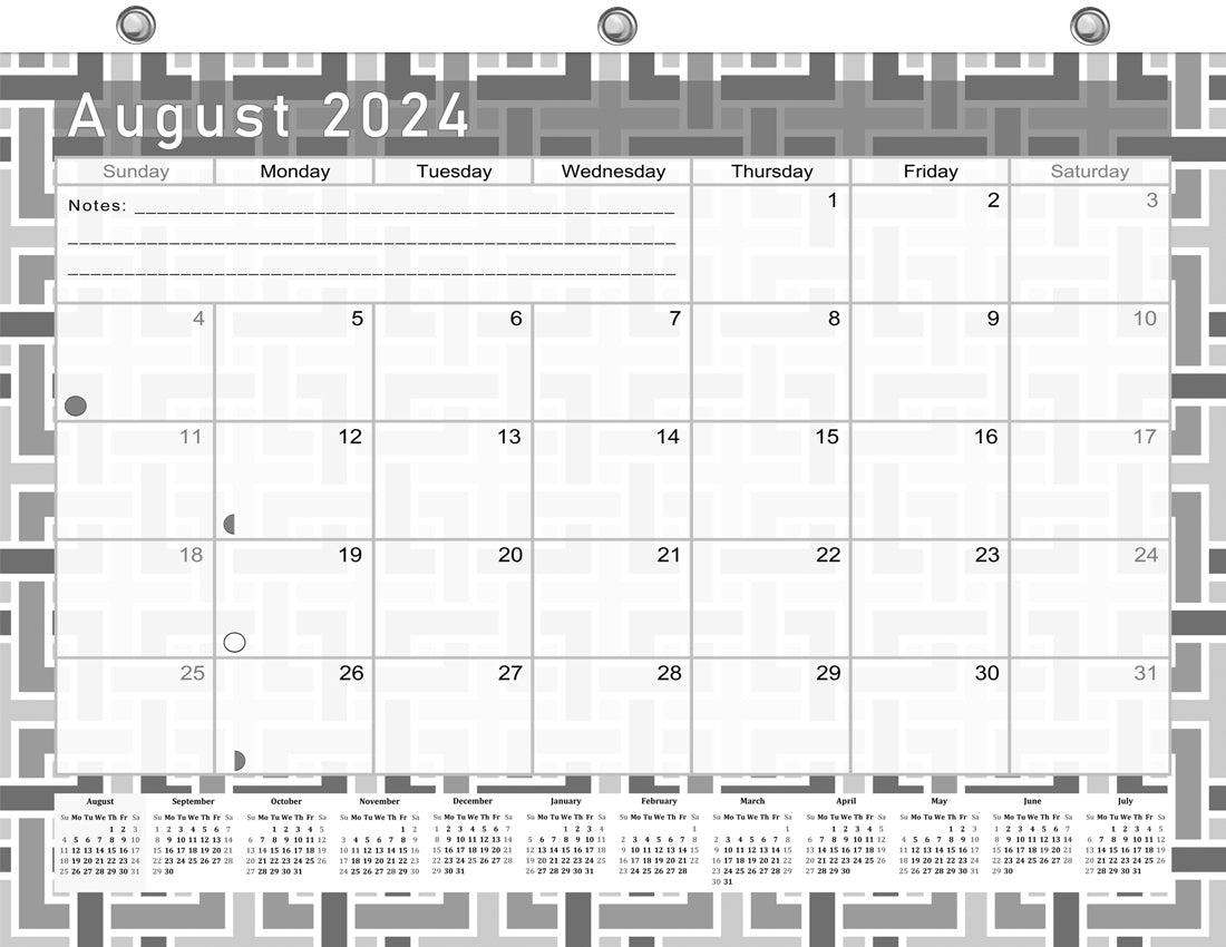 2024-2025 Academic Year 12 Months Student Calendar/Planner for 3-Ring Binder, Desk or Wall - Black&White - (Edition #014)