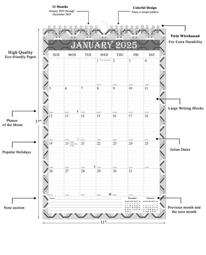 2025 Wall Calendar Spiral-Bound Twin-Wire Binding - 12 Months 03 B&W