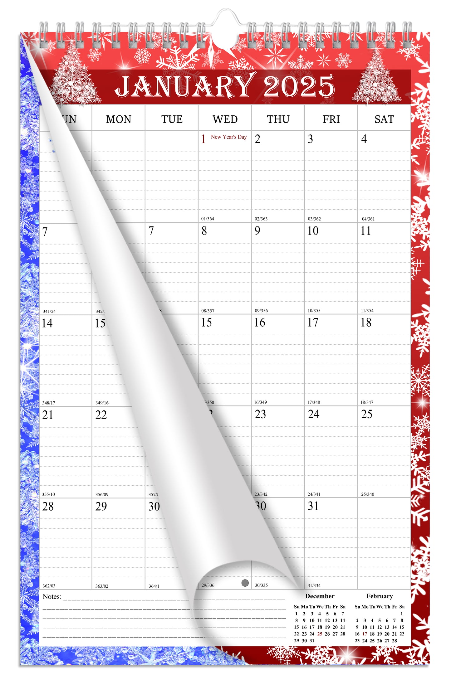 2025 Wall Calendar Spiral-Bound Twin-Wire Binding - 12 Months  12 (Holidays)