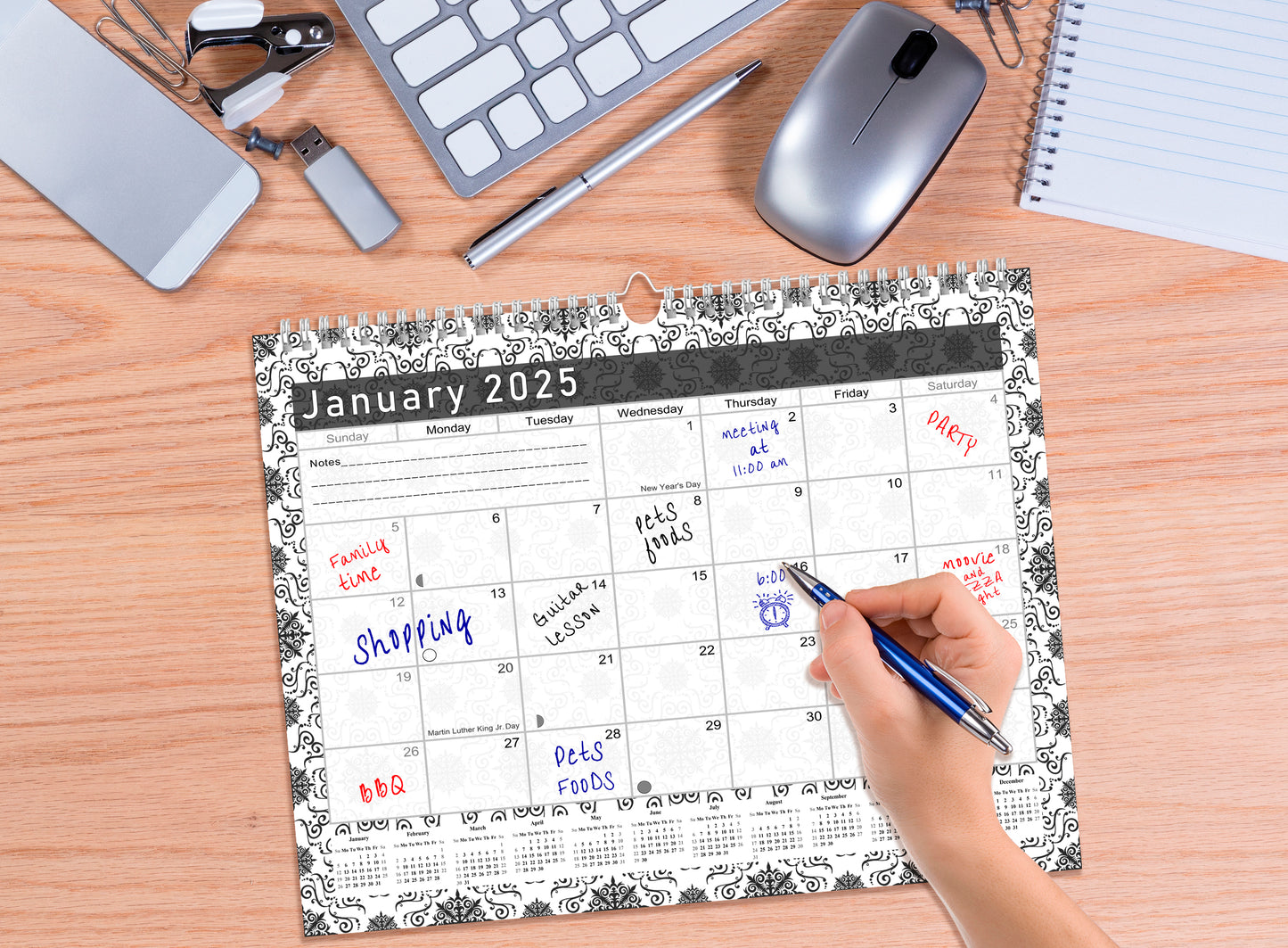 2024-2025 Monthly Spiral-Bound Wall/Desk Calendar - Desktop/Wall Blotter Calendar/Planner - (Edition B&W #014)