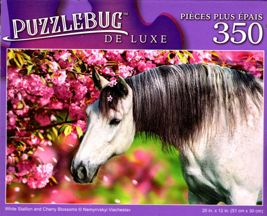 White Stallion and Cherry Blossoms - 350 Pieces Deluxe Jigsaw Puzzle