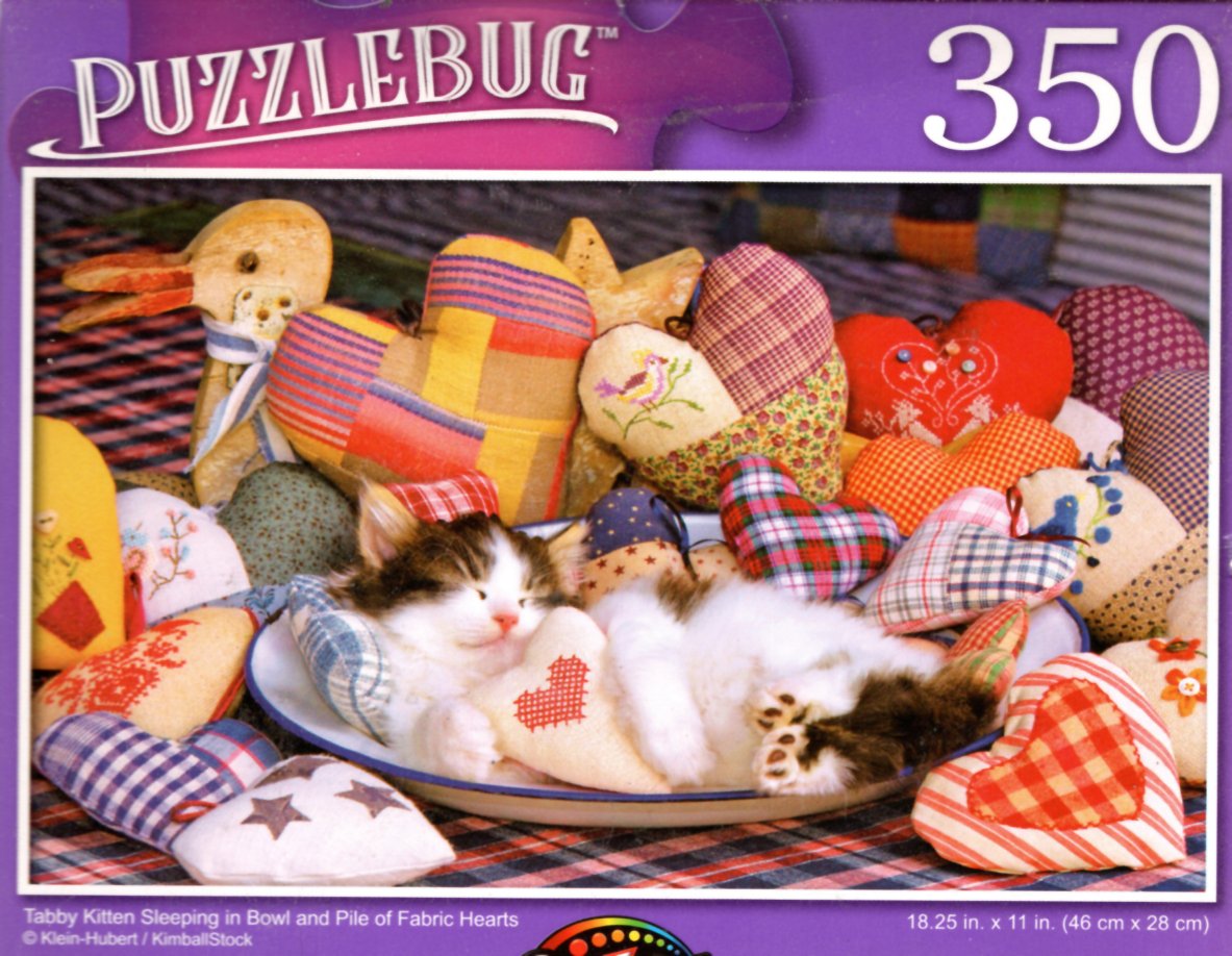 Teddy Kitten Sleeping in Bowl and Pile of Fabric Hearts - 350 Jigsaw Puzzle