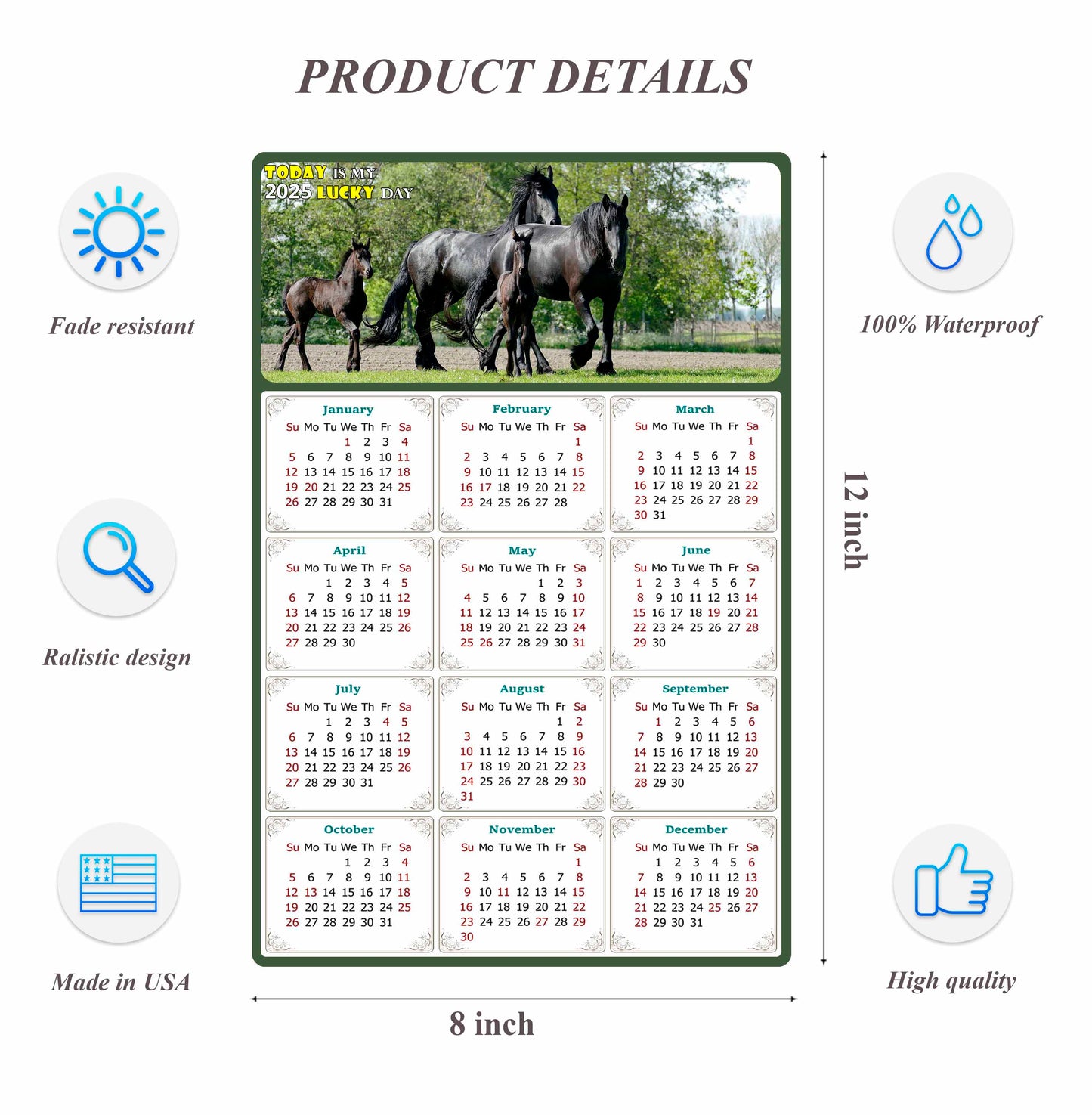 2025 Peel & Stick Calendar - Today is my Lucky Day Removable - Horses 05 (12"x 8")