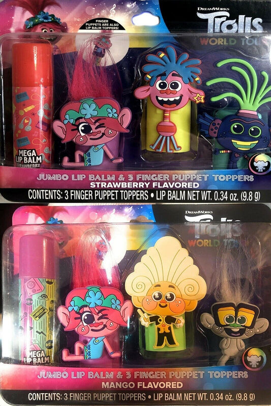 Trolls World Tour Jumbo Lip Balm 3 Finger Puppet Toppers Strawberry & Mango Set