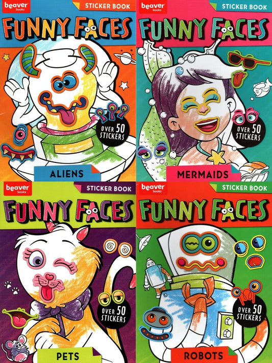 Funny Faces - Coloring Book - Over 50 Stickers - Robots, Pets, Mermaids, Aliens