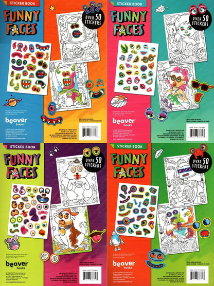 Funny Faces - Coloring Book - Over 50 Stickers - Robots, Pets, Mermaids, Aliens