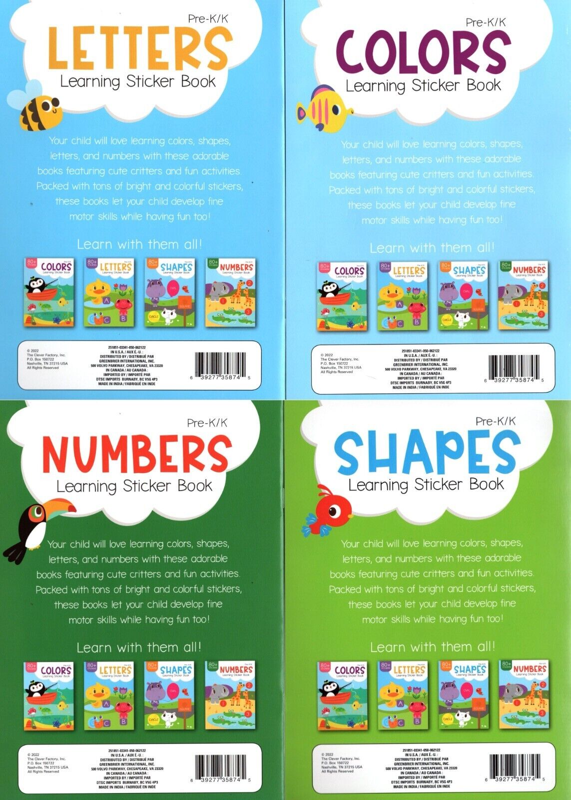 Colors, Letters, Numbers, Shapes with over 80 Sticker each Book - Sticker Books