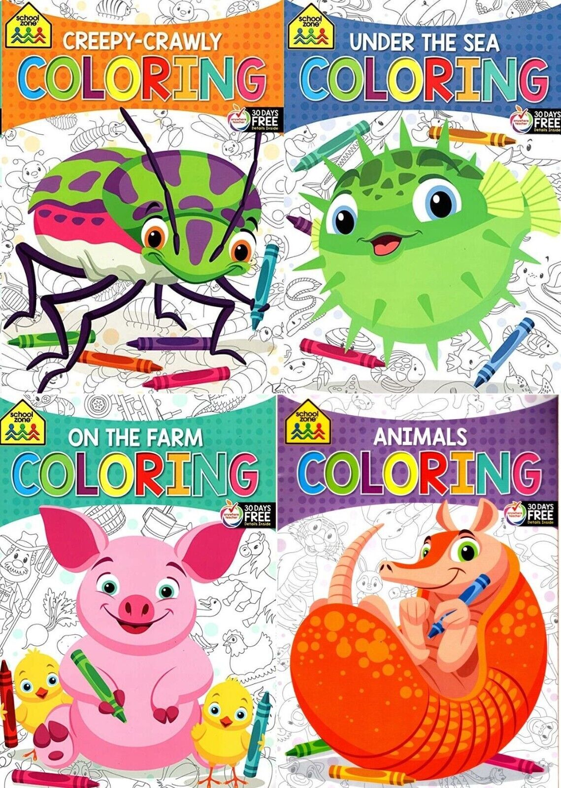 Under the Sea, Creepy-Crawly, On the Farm and Animals - Coloring Book