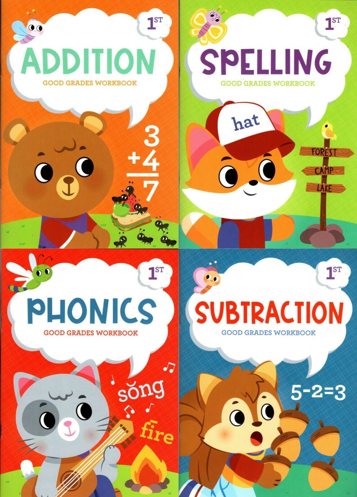 First Grade Educational Workbooks Spelling, Phonics, Addition, & Subtraction